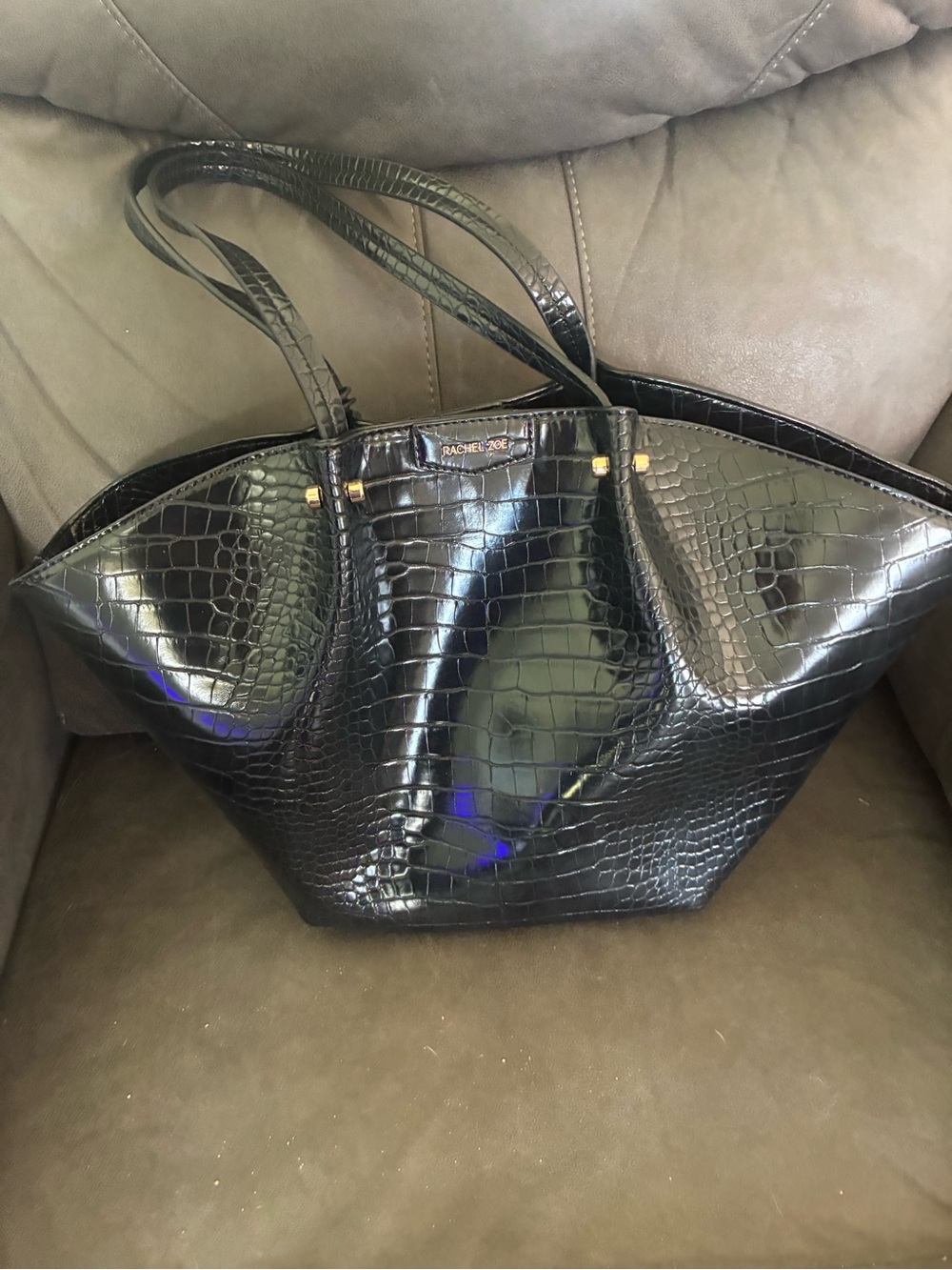 Rachel Zoe Shiny Black Croc-Embossed Tote